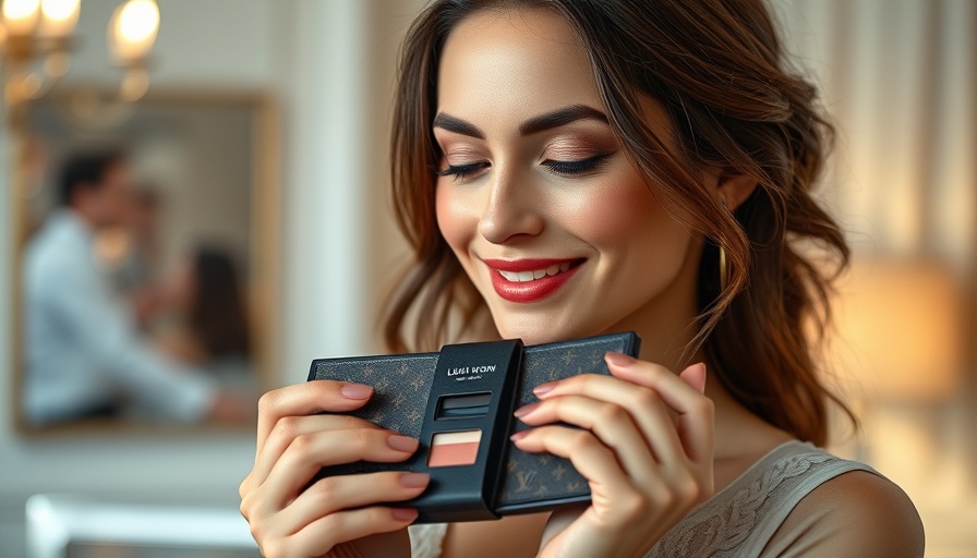 Woman with Louis Vuitton makeup set highlighting launch details.