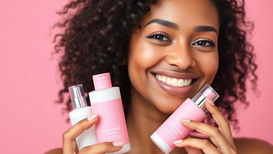 Smiling woman with curly hair showcasing pink skincare products during the K-Beauty boom.