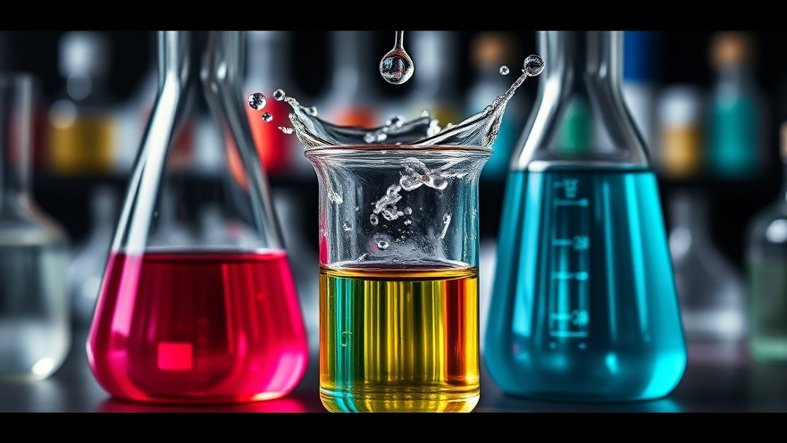 Photorealistic beakers with bright liquids symbolize sustainable beauty and innovation.