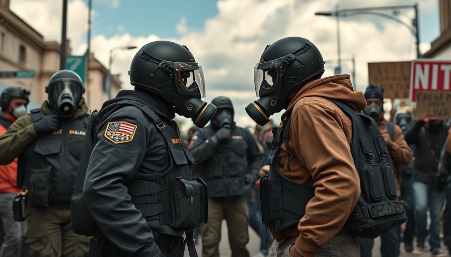 Protest scene with armed agents facing protesters in an urban setting.