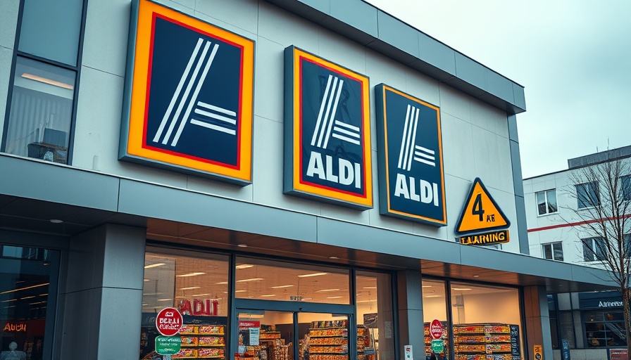 Aldi store with recall sign, highlighting pressure cooker safety.