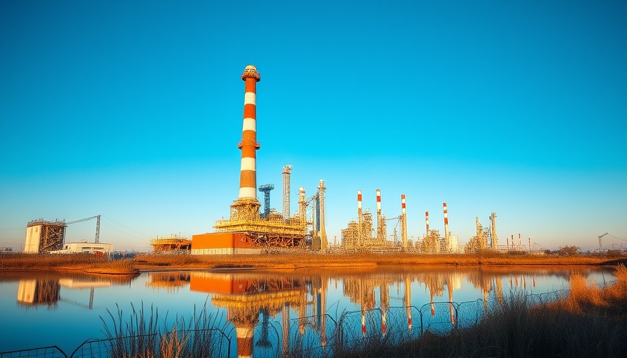 Texas industrial plant reflecting water highlights water crisis.