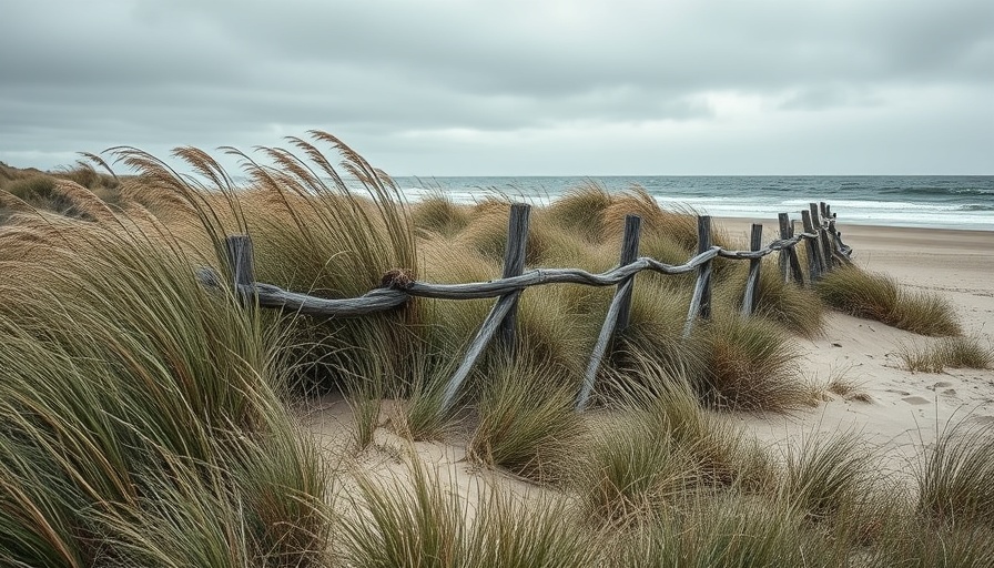 New Jersey coastal storm with windswept beach grass and sandy dunes.