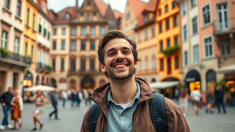 Poland Travel Facts: Man in European square with historic buildings