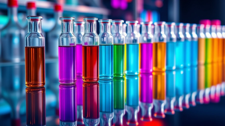 Colorful lab vials reflecting vibrant hues, scientific setting.