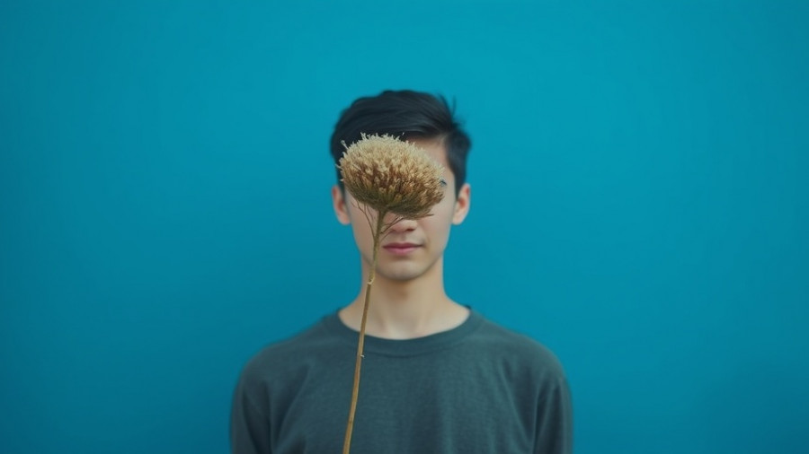 Person holding dried flower in front of face, blue background.