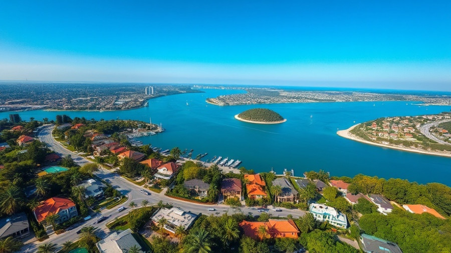 Aerial view of North Bay Road waterfront homes, lush landscape, city skyline.