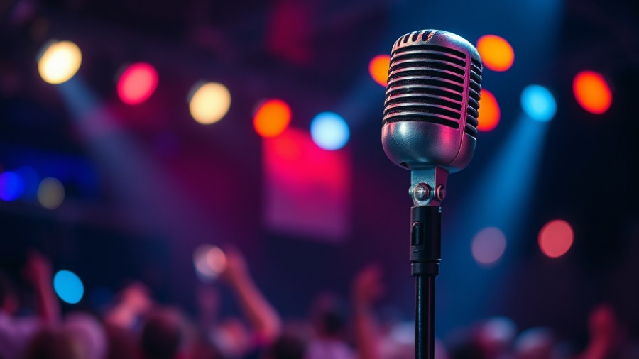 Close-up microphone on stage with vibrant background, Jeff Cheen music executive theme.