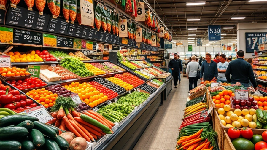 Colorful grocery store scene highlighting produce prices, reflecting SNAP funding crisis 2025.