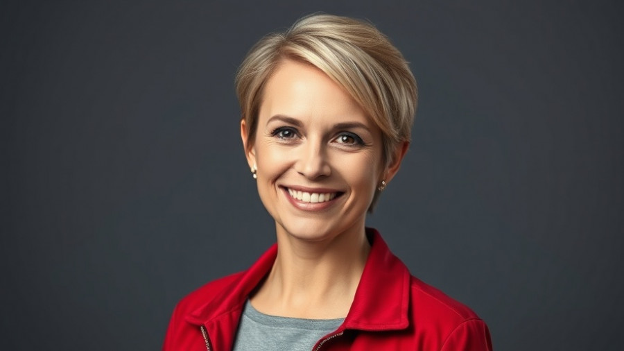 Confident woman in red jacket smiling in studio portrait.