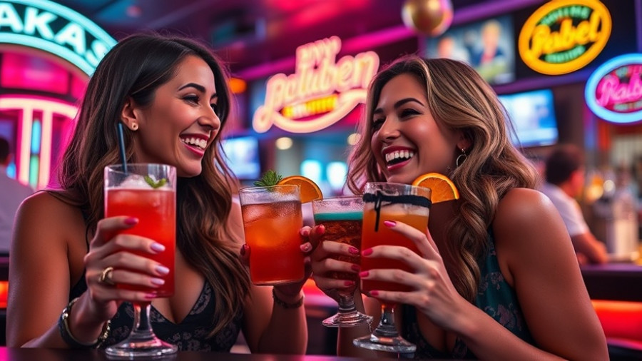 Women enjoying cocktails at colorful Las Vegas bar, vibrant atmosphere.