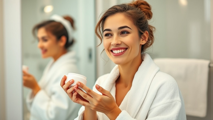 Woman in bathrobe, smiling, applies moisturizer for Post-Diwali Skin Detox.