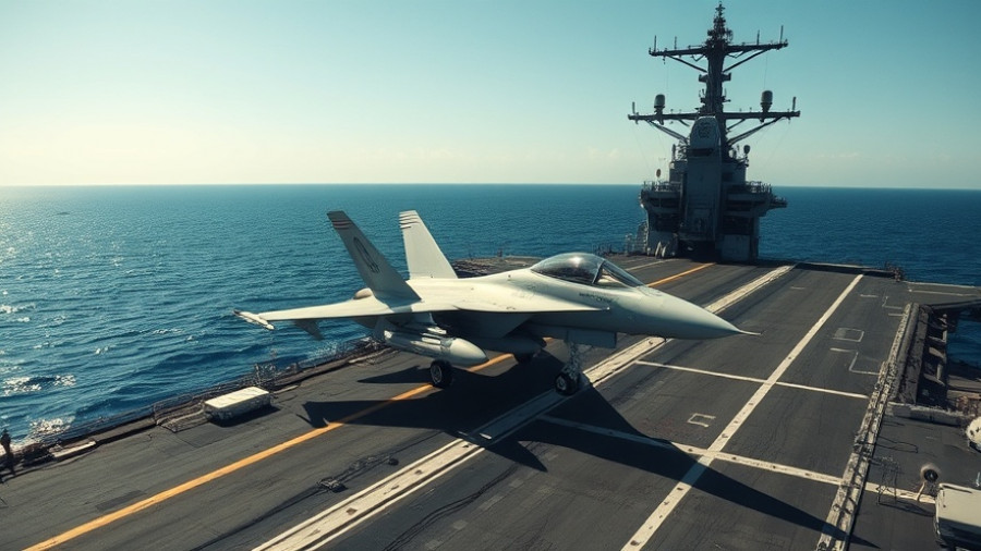 Navy aircraft on carrier over South China Sea under clear sky.