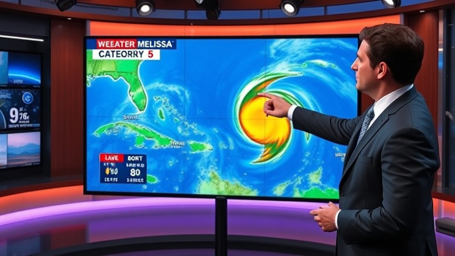 Weather update on Hurricane Melissa Category 5 in a TV studio.