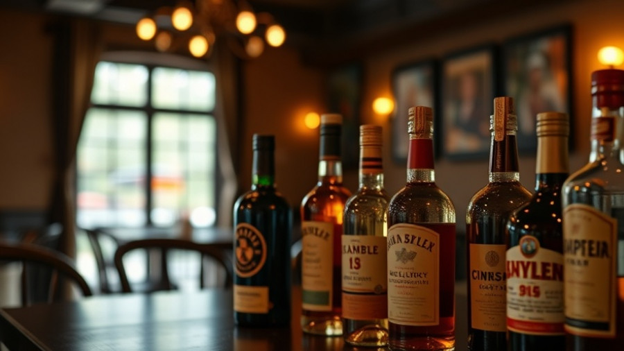 Liquor bottles with text about safe drinking water in Cancun.