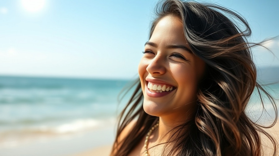 Woman smiling at the beach after a lip lift and smile makeover.