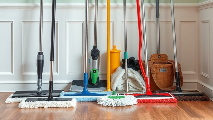 Assorted cleaning mops lined up for comparison - Best mops for cleaning.