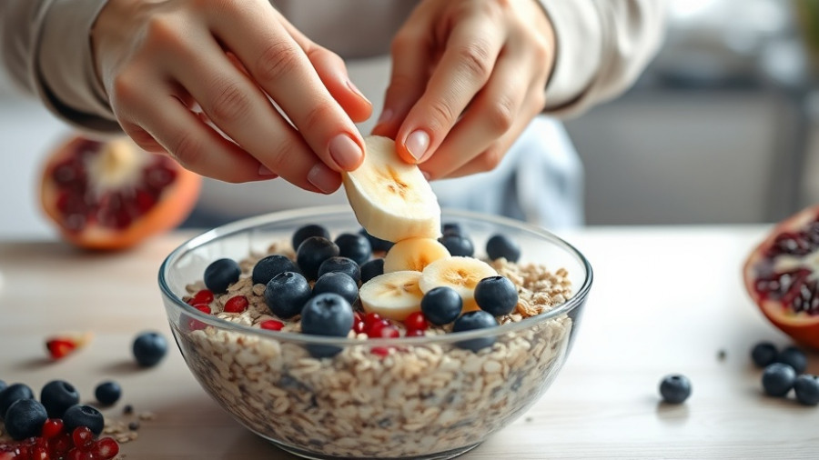 Preparing a healthy breakfast with oats, berries, and chia seeds.