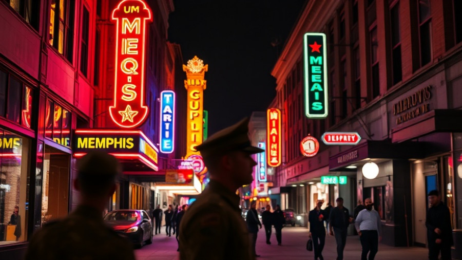 National Guard deployment in Memphis, neon-lit street scene.