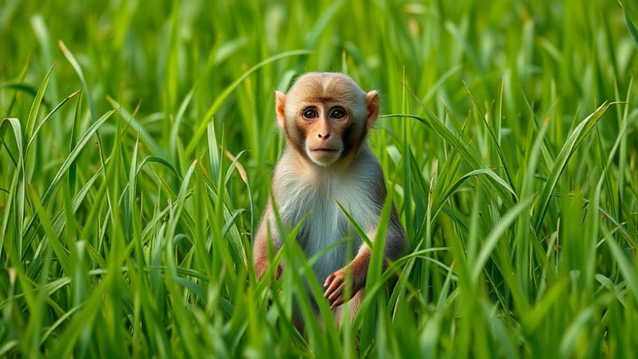 Rhesus monkey in grass field after escape incident.