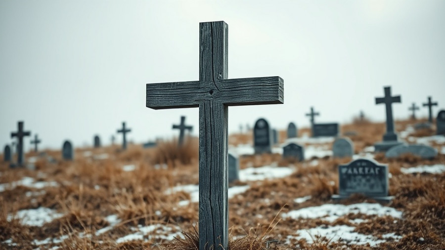 Wounded Knee Massacre site with cross and flowers in snowy graveyard.