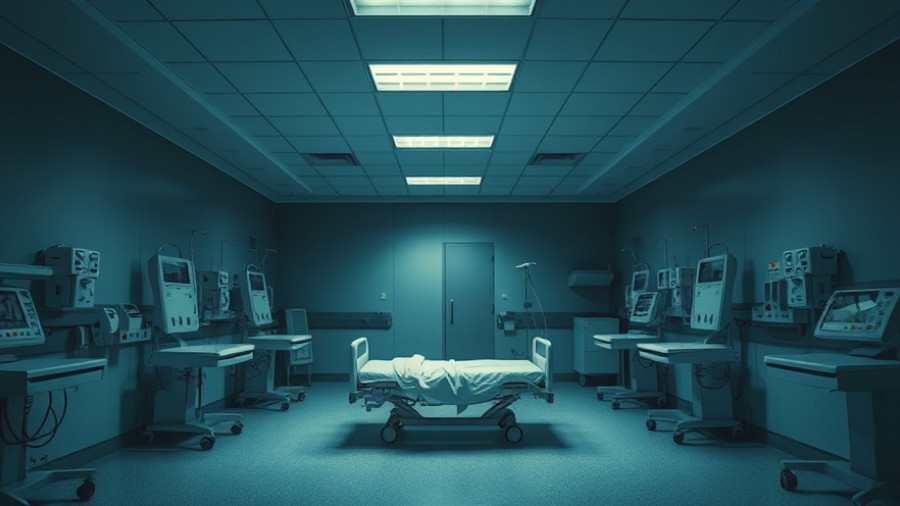 Dimly lit hospital room with empty bed and medical equipment.