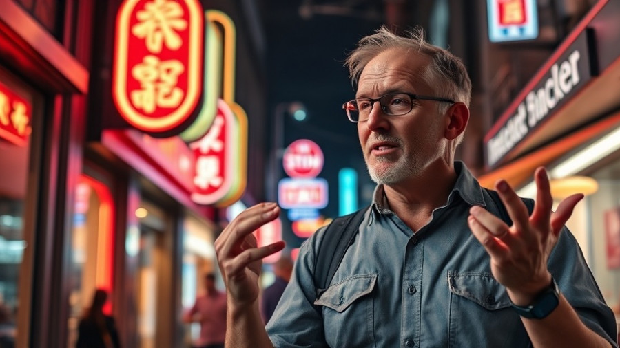Middle-aged man in Las Vegas discussing tipping culture against a neon-lit backdrop.