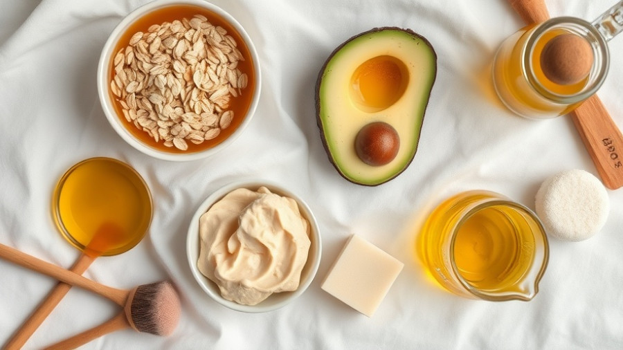 Natural ingredients for winter skincare remedies with avocado and honey.