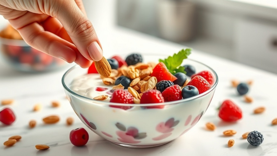 High-protein snack with yogurt, nuts, and berries.