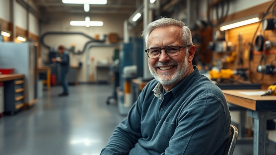 Older man smiling in a workshop with a metallic floor and background equipment.