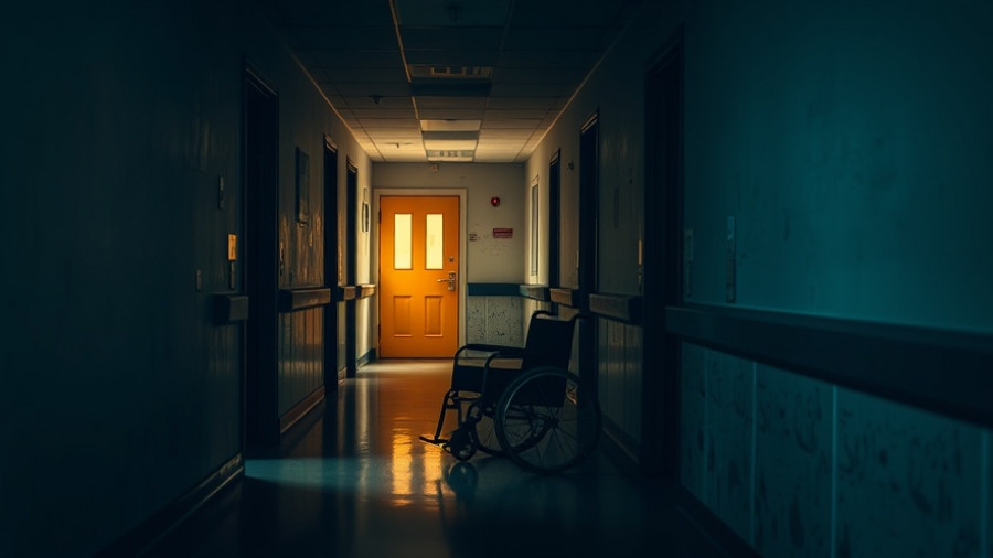 Eerie hallway in Haunted Hill View Manor with wheelchair, dim lighting.