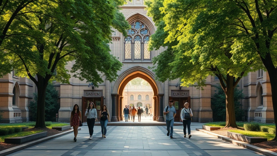 University of Chicago entrance with students walking under trees.