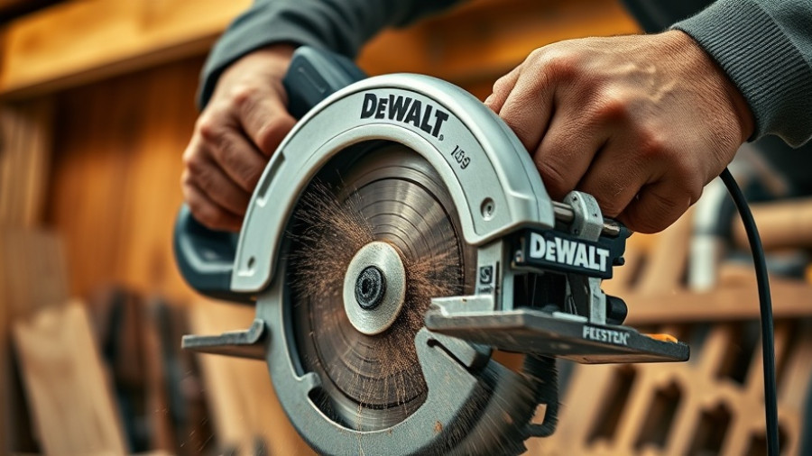 Hands using DeWalt circular saw in workshop, Free DeWalt Tools at Home Depot.