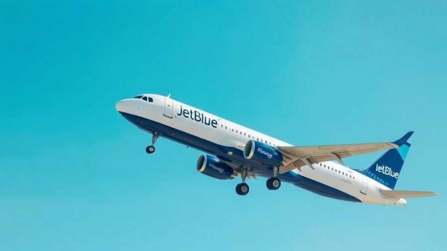 JetBlue airplane in flight with landing gear down against blue sky.