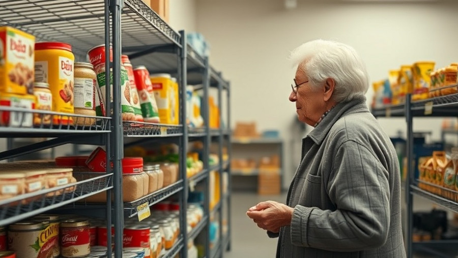 Elderly woman at food bank amid SNAP cuts impact, choosing items.