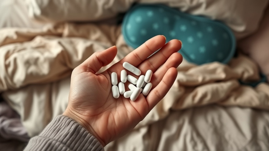 Hand holding capsules over bed with sleep mask, magnesium and melatonin for sleep.