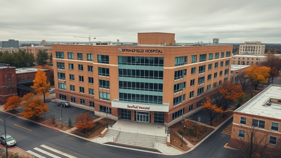 Aerial view of Springfield Hospital building under cloudy skies.