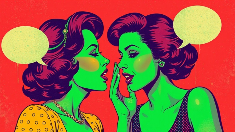 Ex-friend gossiping about me illustration with retro vibes, colorful overlay.