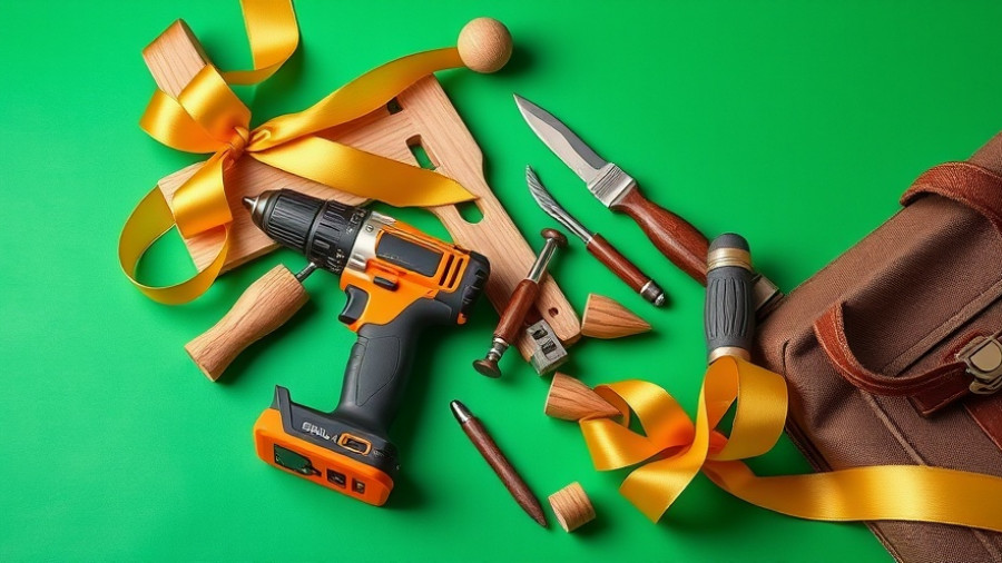 Assorted gifts for woodworkers displayed with a golden ribbon.