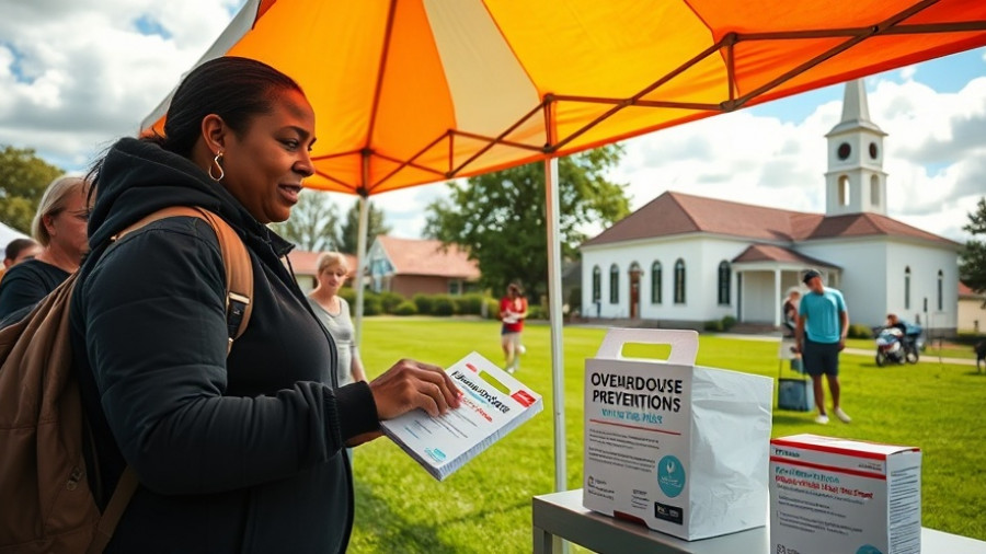 Community event reducing overdose deaths, woman distributing prevention kits outdoors.