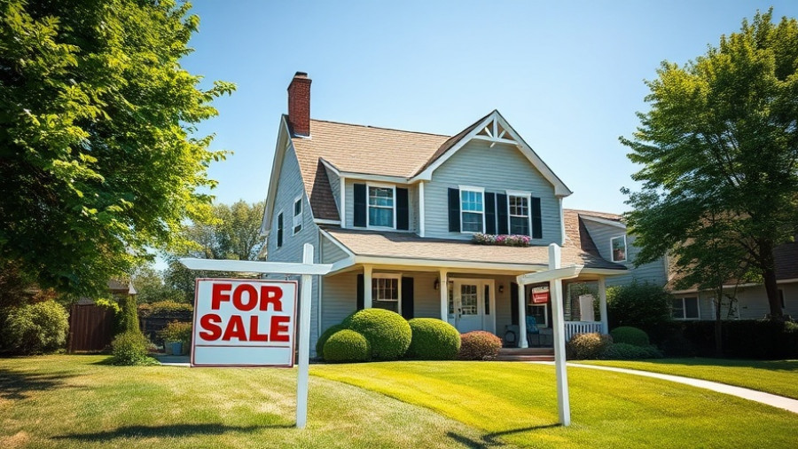 House for sale in suburban area, sunny day, risky loan from housing bust era.