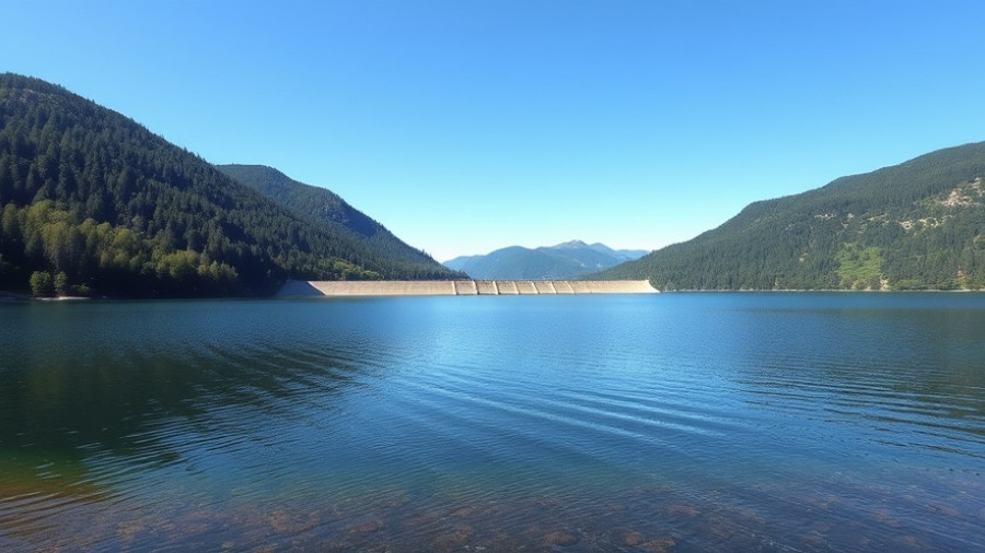 Scenic view of East Branch Lake with dam and wooded hills.