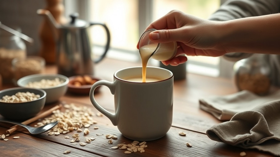 Pouring oat milk into coffee emphasizes drinking oat milk health benefits