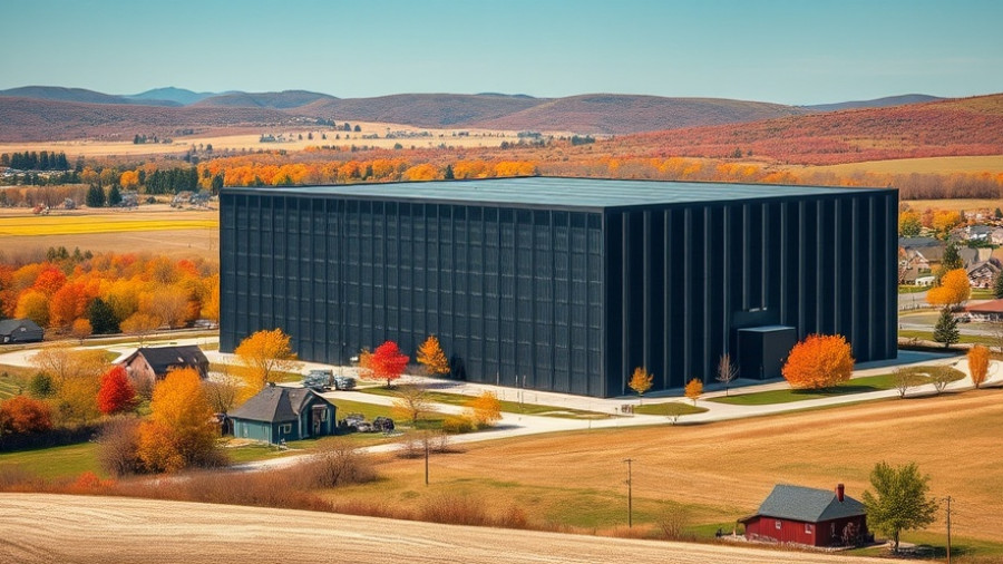 Sprawling data center in rural America with autumn trees and open fields.