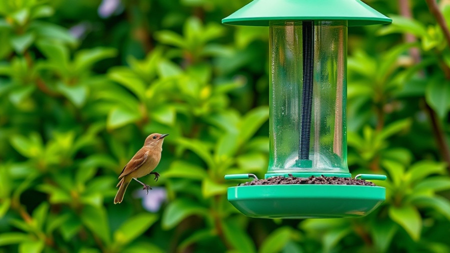 Birdfy Feeder 2 Duo with a bird in lush greenery.