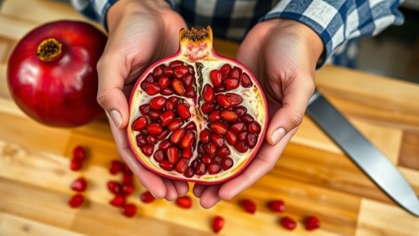 Close-up of halved pomegranate showcasing seeds, highlighting pomegranate seeds health benefits.