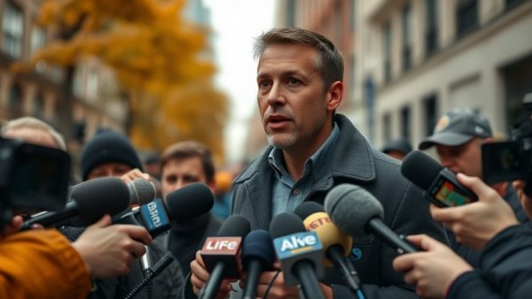 Zohran Mamdani discussing economic vision at outdoor press event.