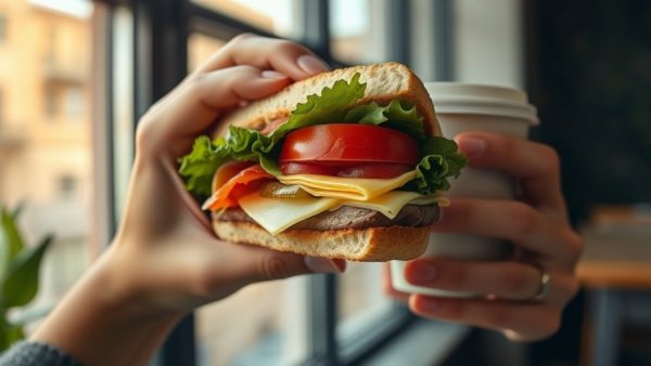 Sandwich and coffee cup held by a person highlighting gastrocolic reflex concept.