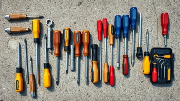 Diverse screwdriver sets displayed on concrete; best screwdriver sets.