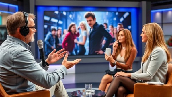 Predator: Badlands director discusses film in TV studio with poster.